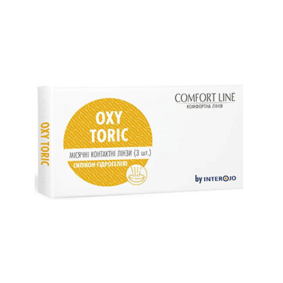 Image of OXY Toric Comfort Line <ul>
<li>надсучасні лінзи третього покоління</li>
<li>режим носіння пролонгований (до 12 год)</li>
<li>асферичний дизайн поверхні мінімізує бокові оптичні викривлення</li>
<li>призматичний баласт гарантує стабільне поло